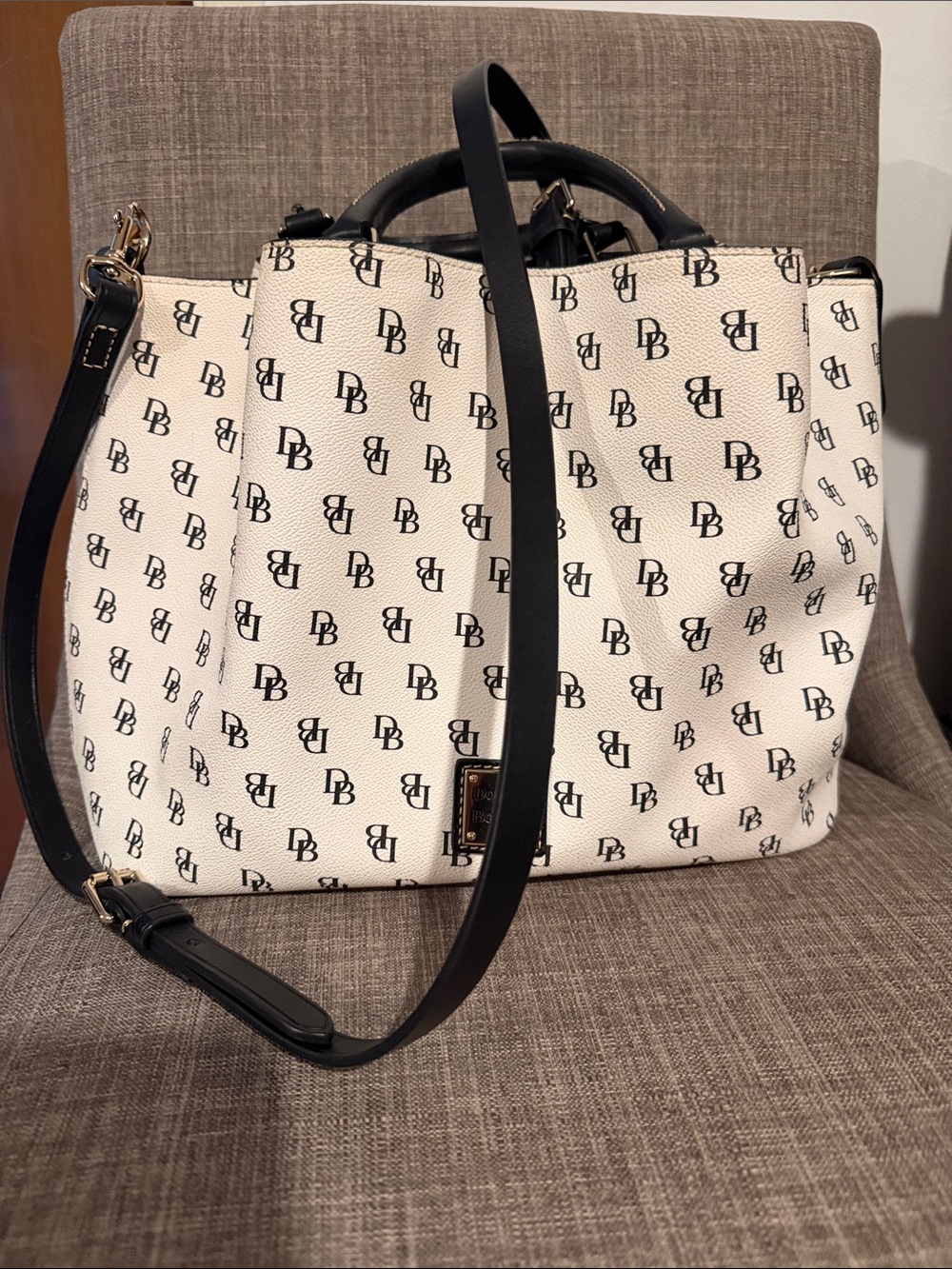 Dooney & Bourke White Logo Satchel with Black Trim and Straps